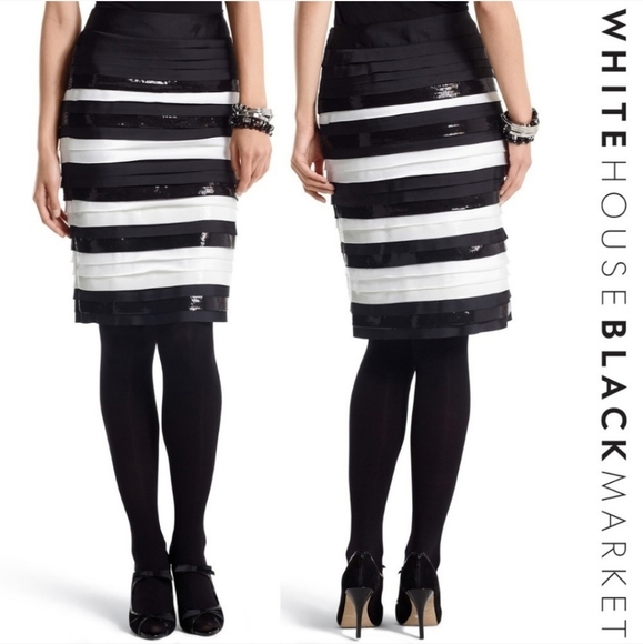 White House Black Market Satin & Sequin Layered Striped Cocktail Skirt | Size 8 - Picture 1 of 11
